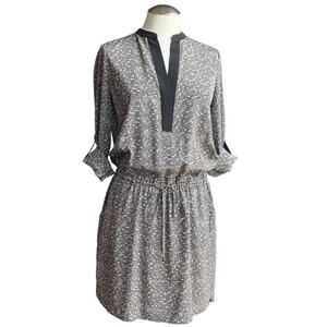 Women's Vince Black Cream Geometric Print Silk Drawstring Waist Shirt Dress XS